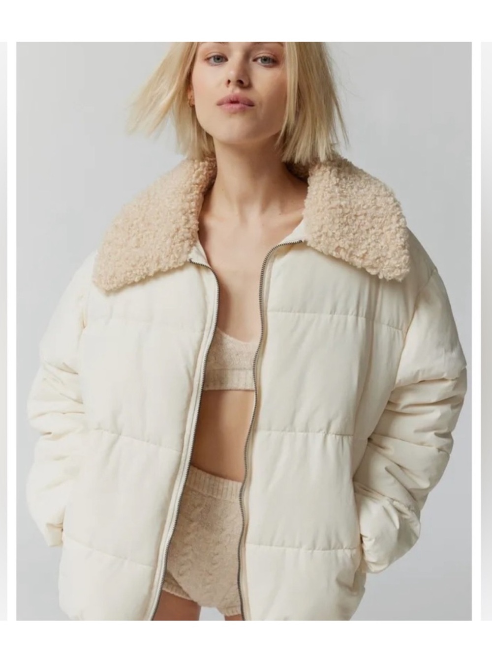 Urban Outfitters Cream Puffer Jacket with Sherpa Collar